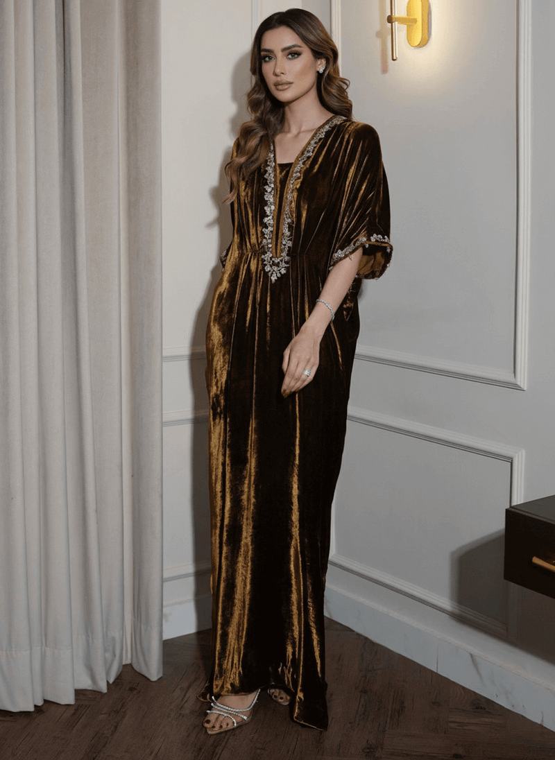 Marigold Pakistani Kaftan Dress from the Velvet Dreams Collection Qimra Clothing Marigold Pakistani Kaftan Dress from the Velvet Dreams Collection Qimra Clothing